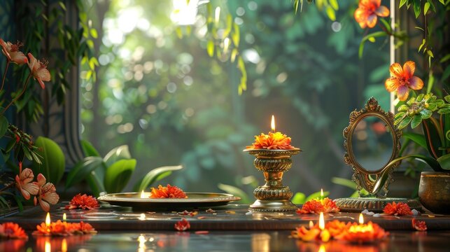 Elements of the Vishu festival, including a traditional brass lamp (Nilavilakku) and a mirror, set against a lush green background symbolize the richness and depth of Kerala's cultural traditions.
