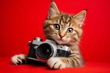 A cat holding a black photo camera. Red background. Isolated. Photographer concept. - 771720524