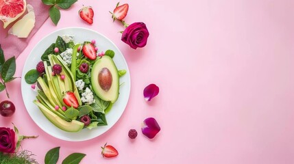  A white plate holds sliced avocado and strawberries, resting on a pink surface alongside flowers