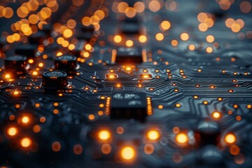 An image capturing the glowing orange lights of diodes on a dark printed circuit board highlighting technology and connectivity