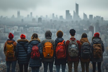 Group of backpack-clad friends together facing a foggy city skyline in the chill of winter