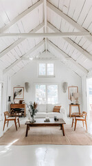 Fototapeta premium An inviting cozy living room with natural light flooding in through large windows, highlighting the minimalist furniture and white decor