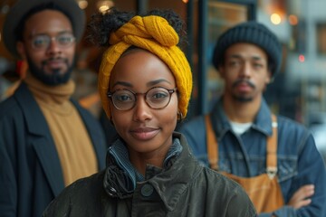Three friends pose confidently in the city, with focus on a woman in a yellow headwrap