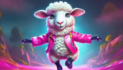 ピンクのジャケットを着た異世界の羊のダンス　AI画像　ジェネレーティブAI - obrazy, fototapety, plakaty