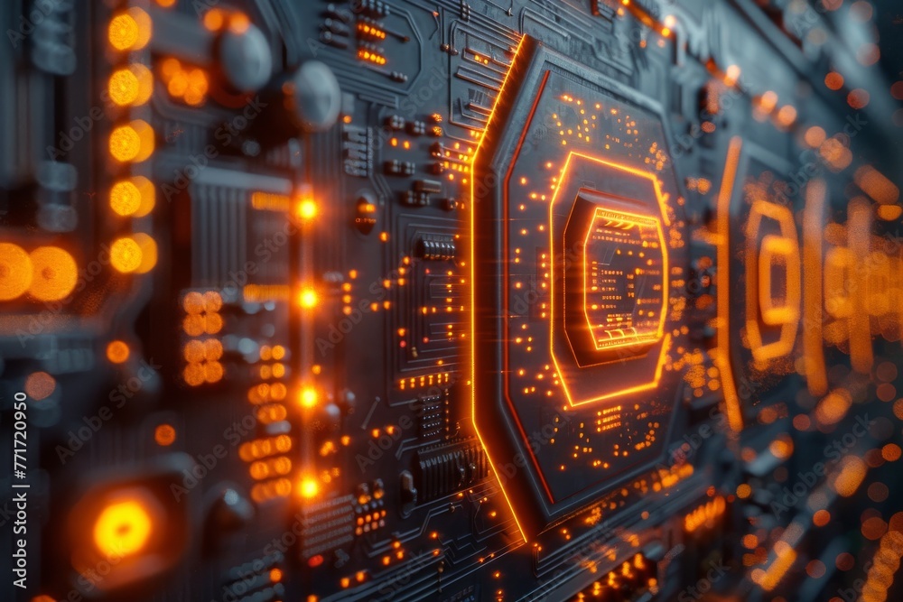 Poster this image displays a hexagonal pattern glowing on a technological surface, denoting high-tech and d