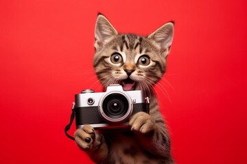 A cat holding a black photo camera. Red background. Isolated. Photographer concept. - 771720943