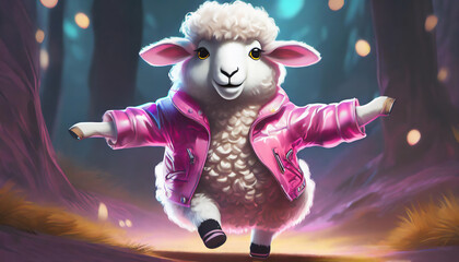 ピンクのジャケットを着た異世界の羊のダンス　AI画像　ジェネレーティブAI - obrazy, fototapety, plakaty
