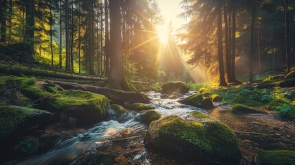  A forest stream, lush with green mossy stones and tree-covered sunlight