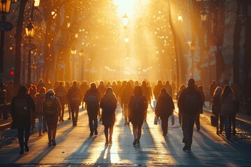 Sunset casting a golden hue over a busy urban street filled with people walking, symbolizes end of day