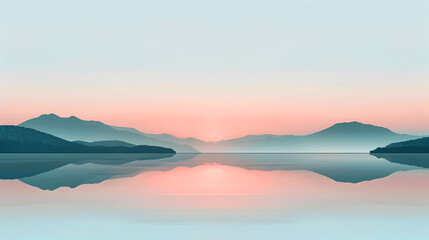 A tranquil scene with layered mountain silhouettes and a soothing pastel sky reflecting in calm waters - obrazy, fototapety, plakaty