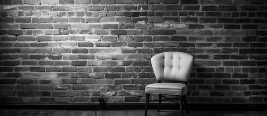 A monochromatic image featuring a wooden chair against a backdrop of grey brickwork. The contrast of various tints and shades creates a visually appealing composition