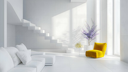 A tranquil white sanctuary enlivened by bursts of vibrant mustard and lavender, adding a pop of...