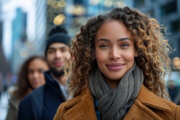 Smiling young woman in winter fashion enjoying the city ambiance, radiating warmth and charm