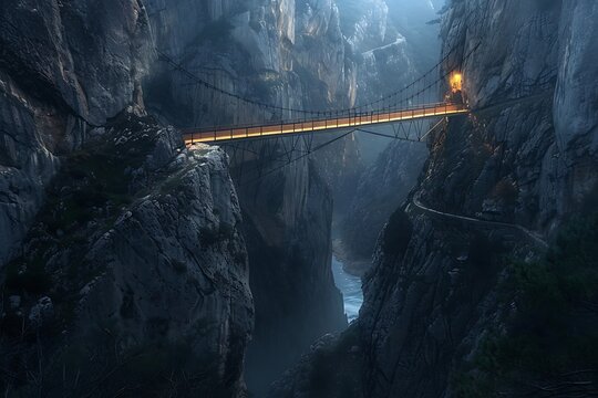 Fototapeta : A suspension bridge over a deep gorge with contrast between the brightly lit bridge and the dark gorge