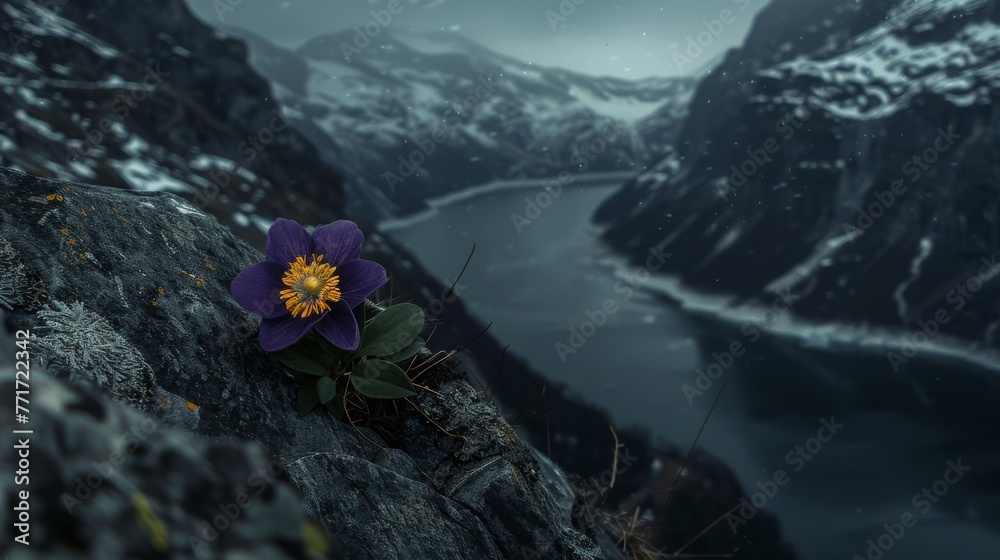 Wall mural  A vibrant purple blossom nestled amidst rocky slopes overlooking tranquil waters and a snow-capped peak