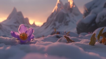  Purple flower in snowy field with mountains in background - obrazy, fototapety, plakaty