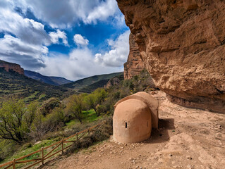 Countryside chapel of San Esteban, romanic style, X century, Viguera village, Cameros, La Rioja,...