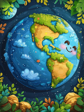 Smiling cute earth illustration environmental concept. Vibrant 3d happy planet.