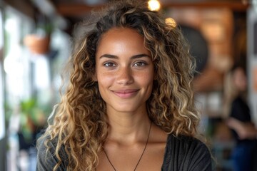 An alluring young woman with a confident smile and sunlit curly hair