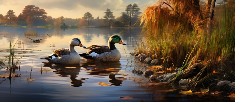 A pair of ducks gracefully glide across the serene lake, creating a picturesque scene in the natural landscape. The waterfowls colorful beaks paint a beautiful image of tranquility