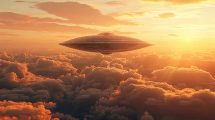 Fotobehang an alien flying saucer floating above the clouds at sunset, photo realistic, dot background, dramatic, motion, freeze motion, , Super-Resolution © BOMB8