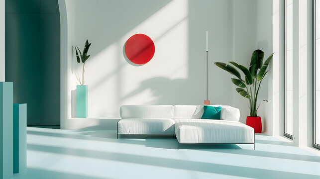 A tranquil white space accentuated by bursts of vivid teal and crimson, imbuing the minimalist room with a sense of dynamic energy