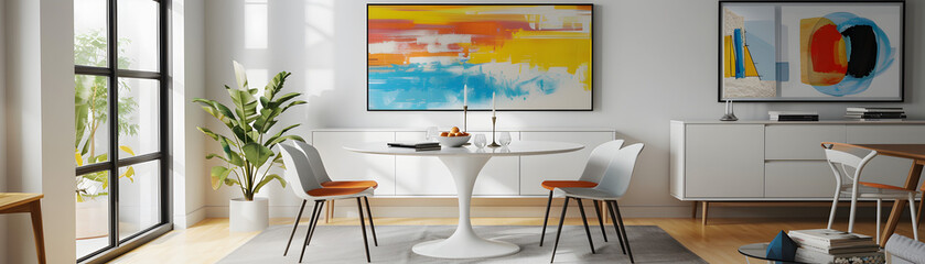 An open dining area with natural light, featuring a bold abstract canvas, a round white table, and mixed style seating