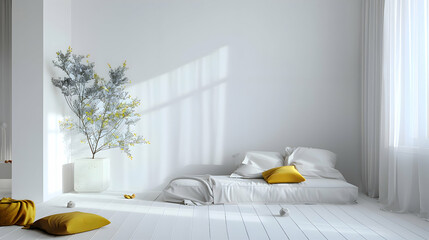 A tranquil white space enlivened by bursts of vivid violet and mustard, adding a pop of color and...
