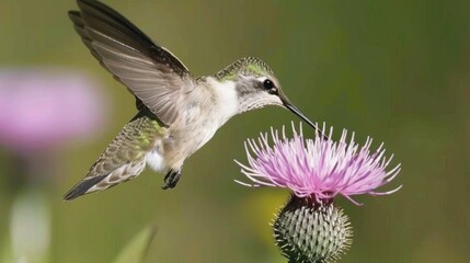  A hummingbird flutters near a bloom, wings spread and beak raised