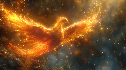 Phoenix Soaring in a Fiery Blaze - obrazy, fototapety, plakaty
