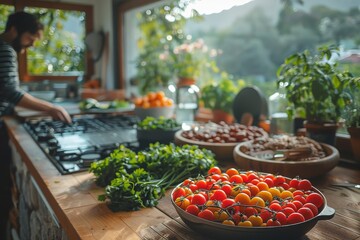 A rustic home kitchen filled with an abundance of fresh vegetables and natural light - obrazy, fototapety, plakaty