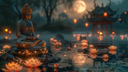 a golden Buddha statue under the full moon, surrounded by floating lotus flowers in a tranquil water garden. a serene and spiritual atmosphere.