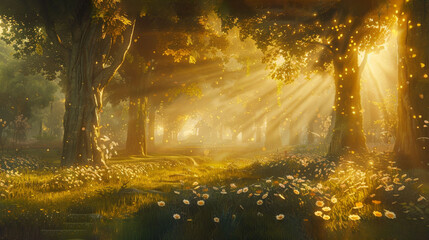 Obraz na płótnie Canvas A sunlit forest painting, full of dandelion and flower blooms