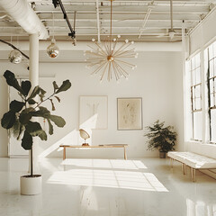 Warm sunlight bathes the contemporary minimalist interior featuring designer furniture and striking light fixture