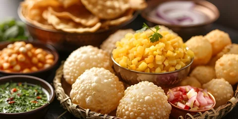 Fototapeten Popular Indian Street Food: Pani Puri, Sev Puri, Bhel Puri, and Golgappa. Concept Indian Street Food, Pani Puri, Sev Puri, Bhel Puri, Golgappa © Anastasiia