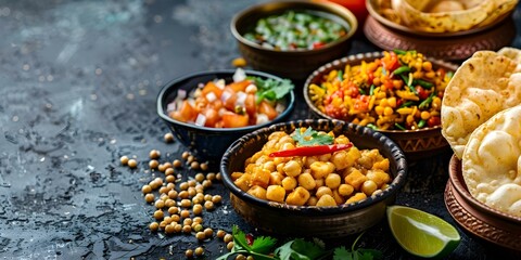 Delicious Indian teatime snacks like Puri papdi chaat and bhel puri made with flour and dee. Concept Indian Street Food, Teatime Treats, Flavors of India, Easy Snack Recipes, Mouthwatering Chaat - obrazy, fototapety, plakaty