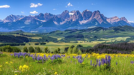  A breathtaking photo of mountains with flowers in the foreground and a field of blooms behind