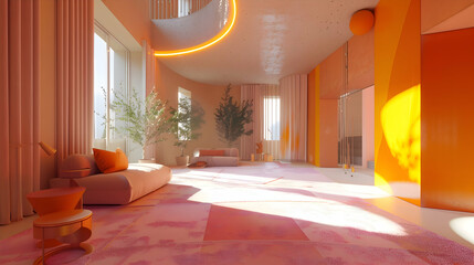 An immaculate room punctuated by bursts of vivid oranges and pinks, infusing the space with a sense of lively dynamism