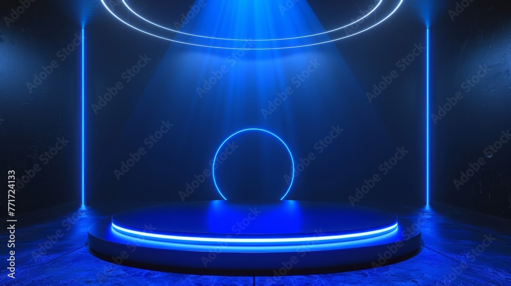 Wall mural Blue neon-lit empty stage with a glowing circle - An empty stage with futuristic blue neon lighting and a glowing circle, suggesting a space for presentations or product showcases