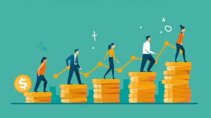Ascending coin stairs with teamwork and graph - Illustration of professionals climbing money stairs with a graph, depicting teamwork, financial success, and growth - obrazy, fototapety, plakaty