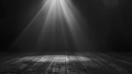 Foto op Canvas Black room with light rays on wooden floor - Dramatic rays of light piercing the darkness, shining down on a textured wooden floor in a somber setting © Mickey