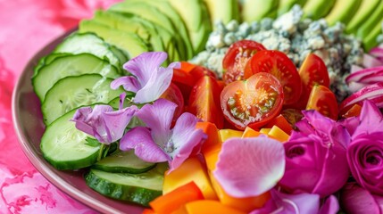  A macro photo showcasing a colorful assortment of fruits and veggies on a plate