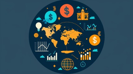 Global economy and landmarks illustration - Colorful illustration representing global economy with various economic and travel icons over a world map