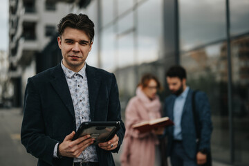 Professional male executive with digital tablet stands outside office building, colleagues engaged...