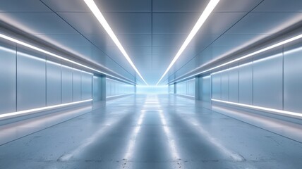 Sleek modern corridor with light strips - A modern corridor illuminated by sleek and continuous light strips on the floor and ceiling, exuding cleanliness and precision
