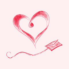An illustration of a handwritten letter with a heart outline, conveying love and affection. Envelope email icon isolated on background