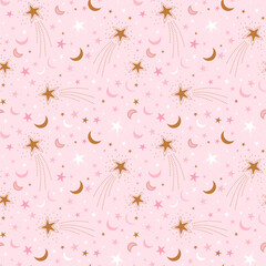 Pink baby star seamless pattern. Vector small moon crescent, stars repeat background, wallpaper, baby shower print, gentle sky textile design. Gold celestial elements on pink backdrop. Cute gift paper