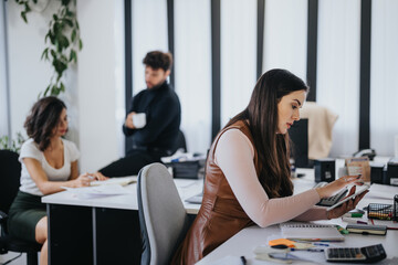 Fototapeta premium Focused professionals in a modern office, with a woman using a calculator and colleagues discussing in the background.