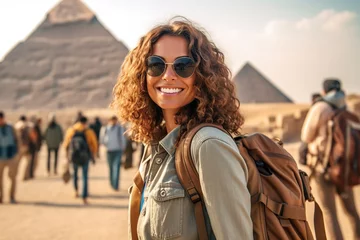 Foto op Canvas Smiling brunette woman with backpack traveling in Egypt. © Marcela Ruty Romero