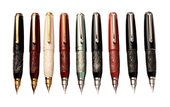 A vibrant array of pens of various colors and styles arranged neatly in a row